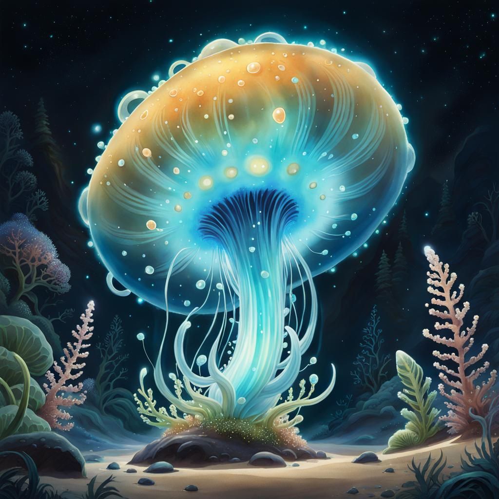 Bioluminescent Amoeba Watercolor Painting Character Design