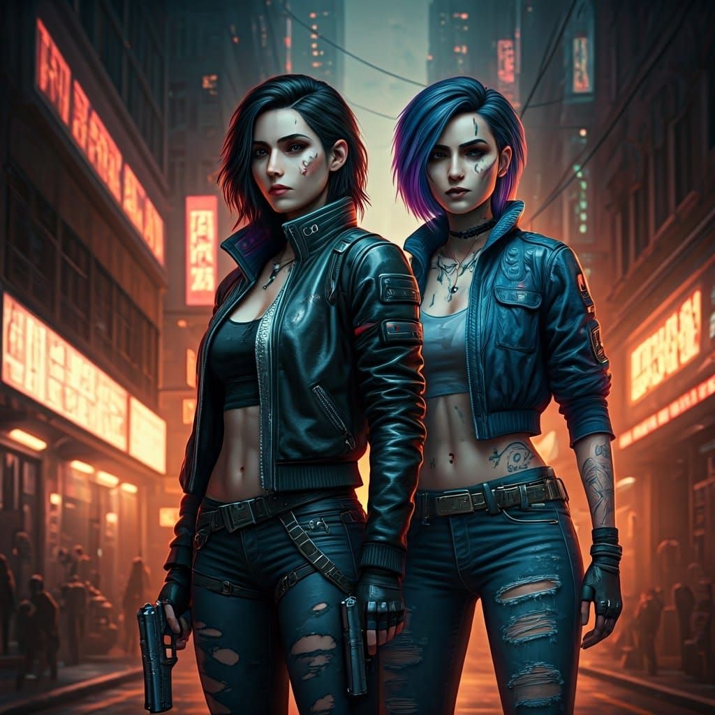 Cyberpunk Mercenaries in Neon Cityscape