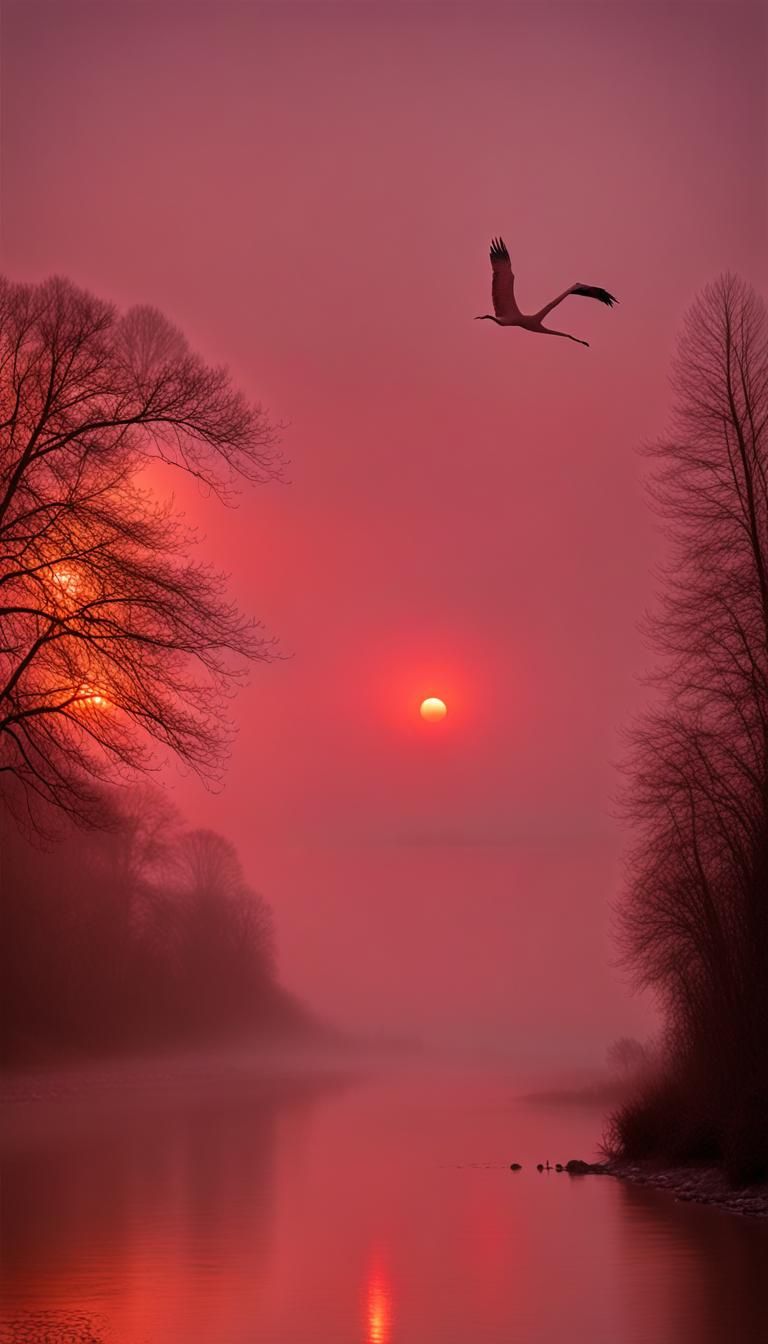 Red Crane in Misty, Red Sky