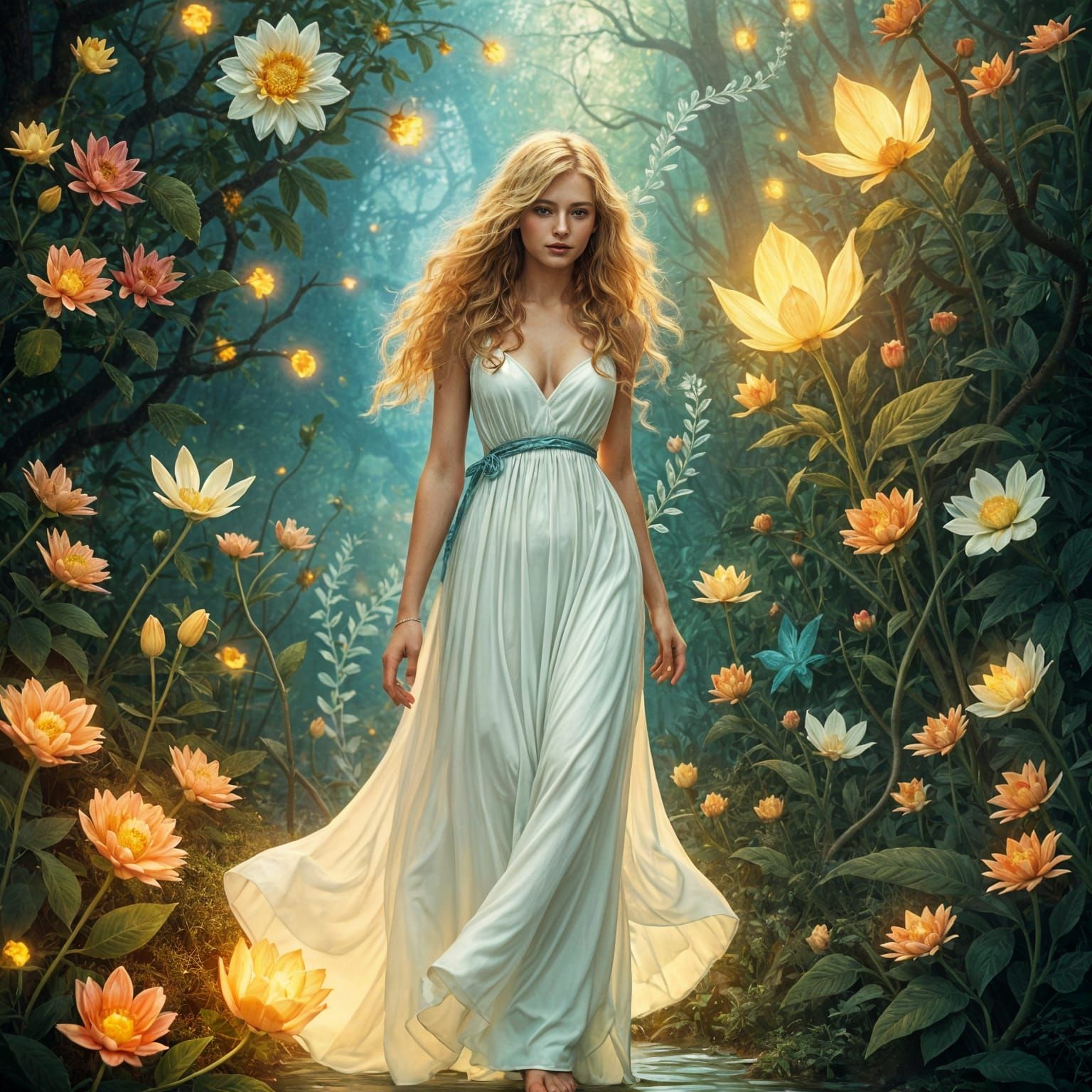 Surreal Garden Scene in Fairy Tale Illustration Style