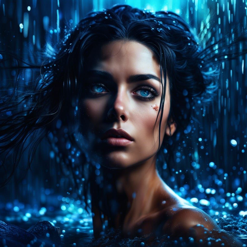 Impressionistic Portrait: Woman's Blue Eyes Rising From Wate...