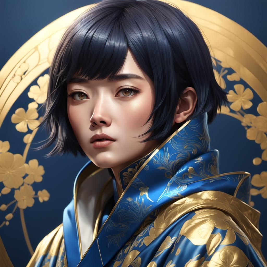 Japanese Woman in Blue and Gold Suit