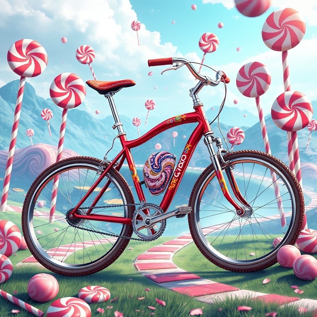 Sleek Cherry-Red Bicycle in a Whimsical Candyland Landscape