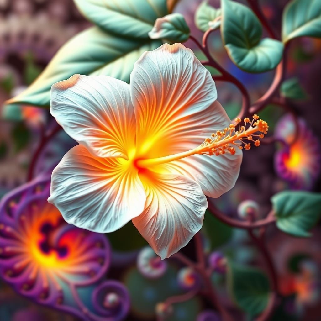 Ethereal Hibiscus Blooms Amidst Fractal Vine in Prismatic Li...