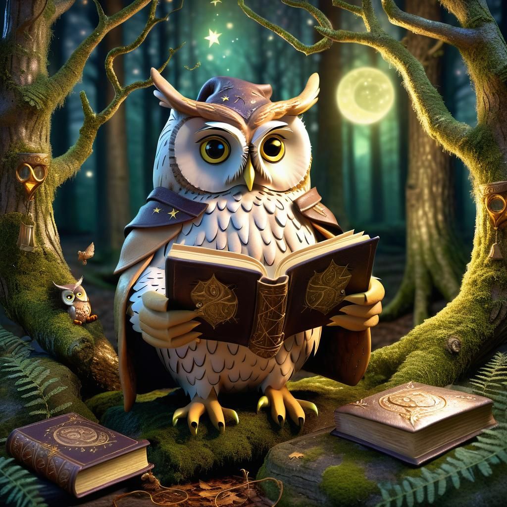 Whimsical Fantasy Owl Wizard in a Mystical Forest Glade