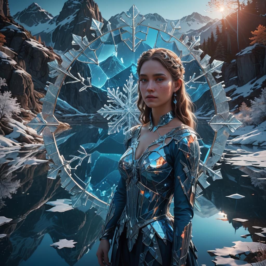 Neon Snowflake Goddess Reflected in Lake Mirror
