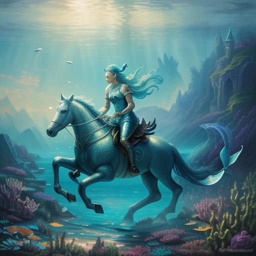 Ethereal Underwater Horse-Mermaid in a Fantasy Landscape