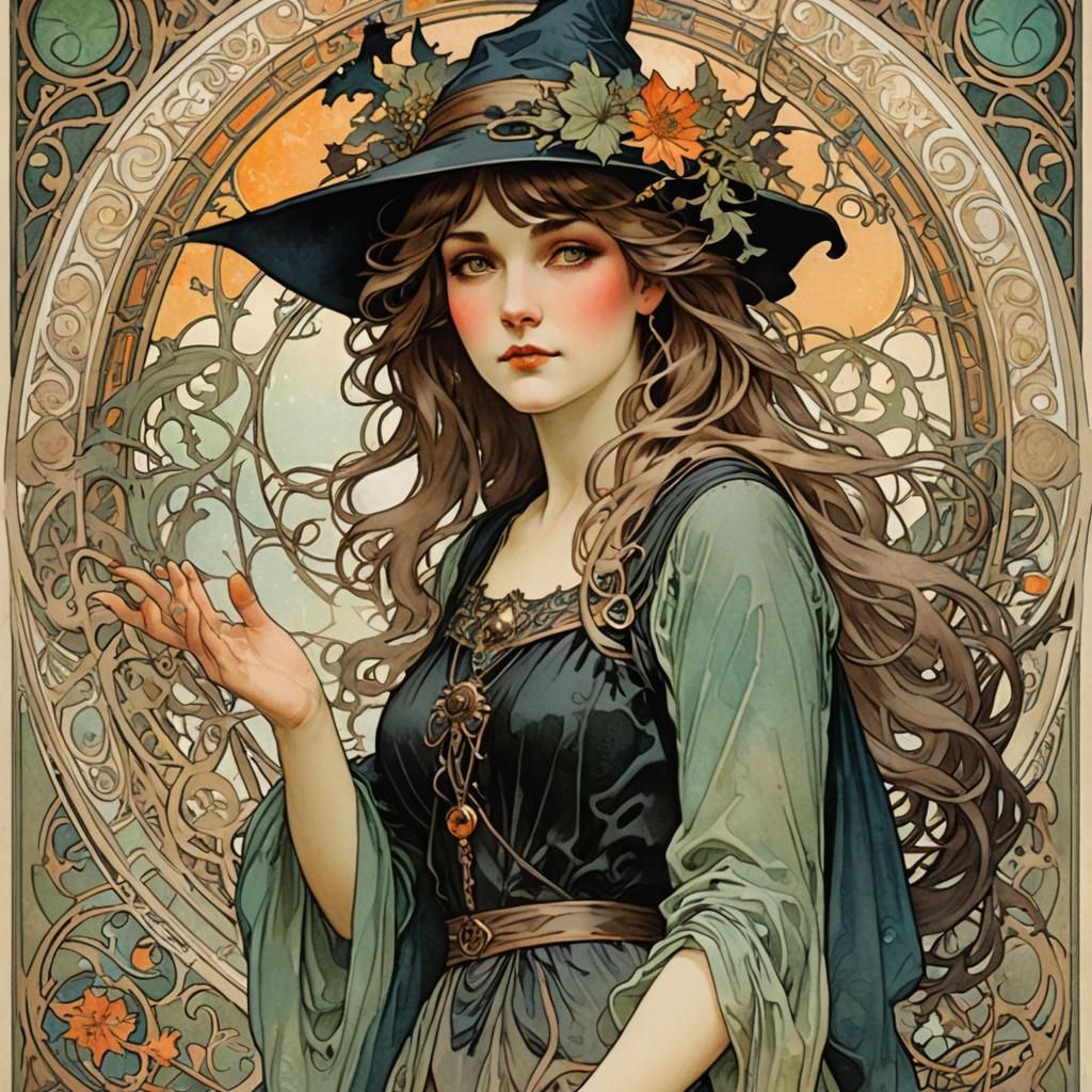 Art Nouveau Witch Poster in Alphonse Mucha Style