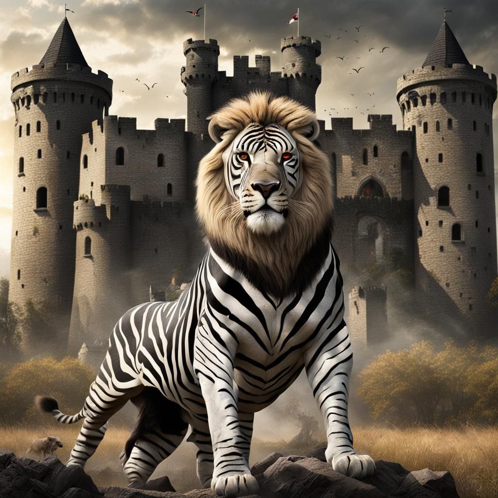 Fierce Zebra Lion Protects Castle, Super Realistic