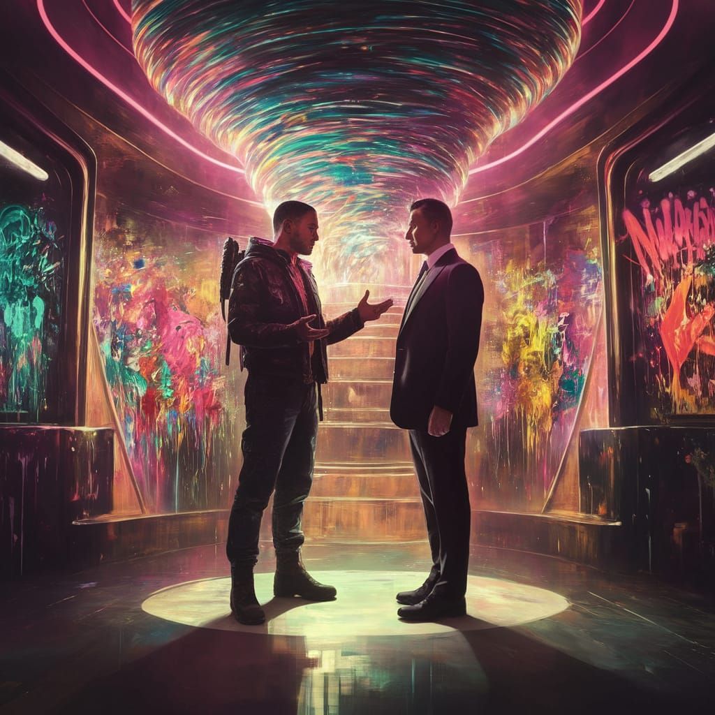 Shadowrunner Negotiates in Neon-Lit Cyberpunk Club