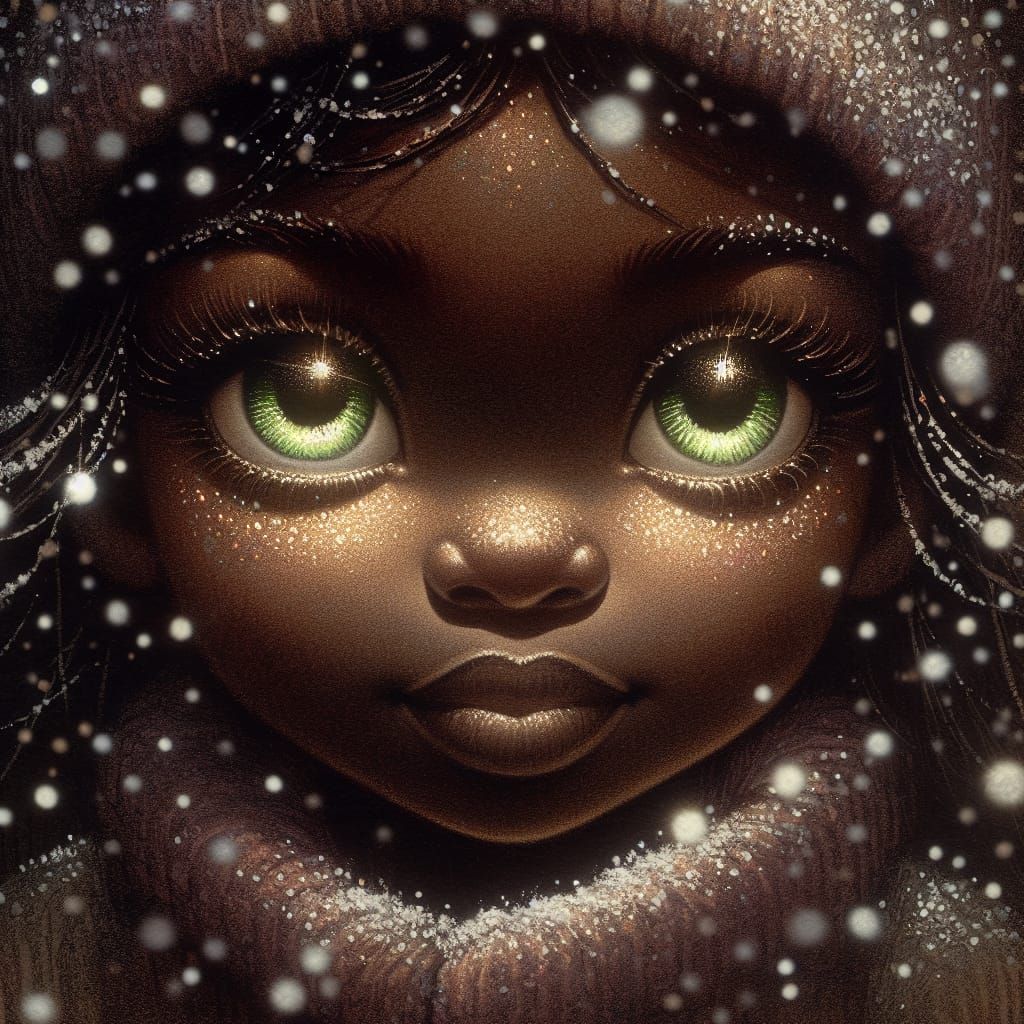 Girl Under Snowy Spotlight in Storybook Style