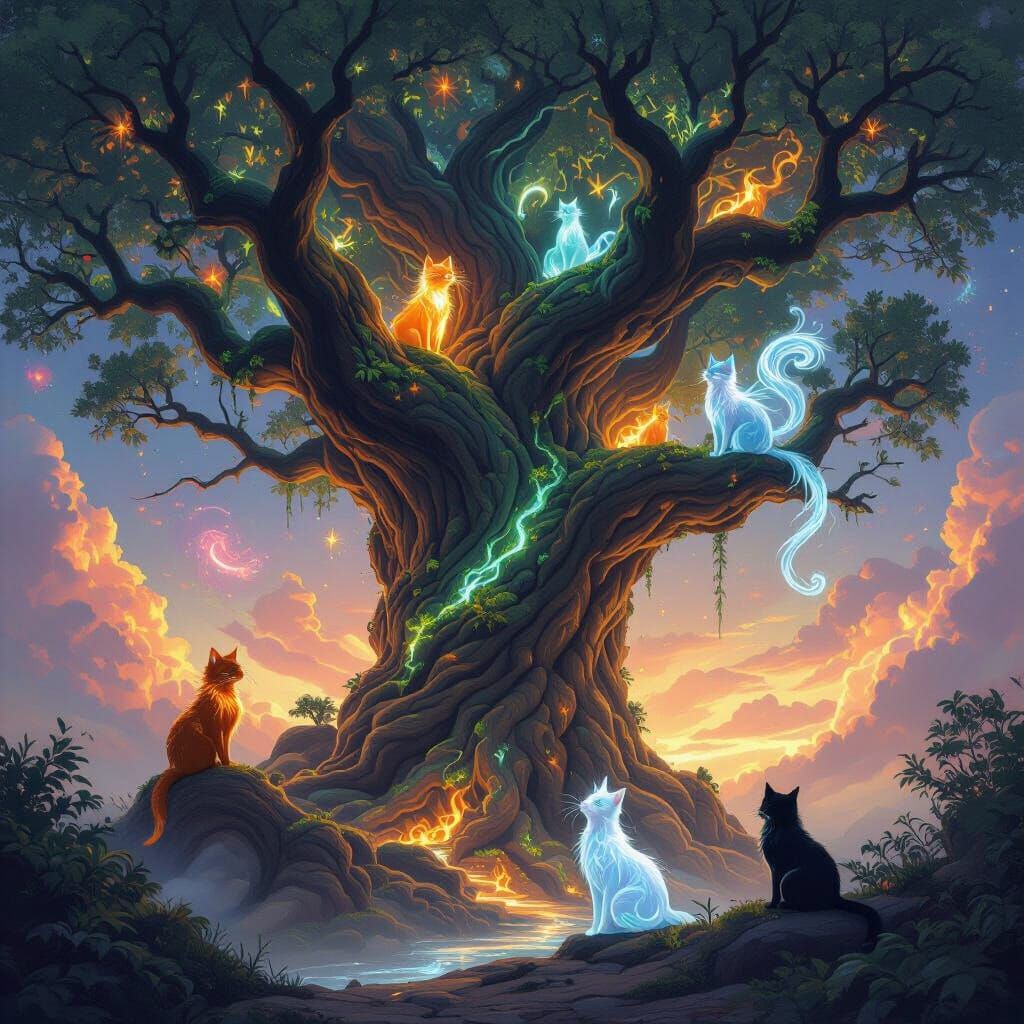 Elemental Cat Tree in Nebulae Sky Digital Painting