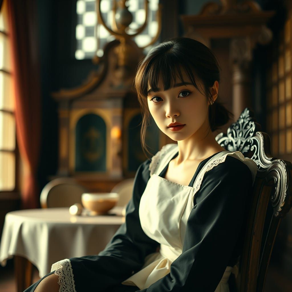 Elegant Japanese Maid in Luxurious Setting, Cinematic Style