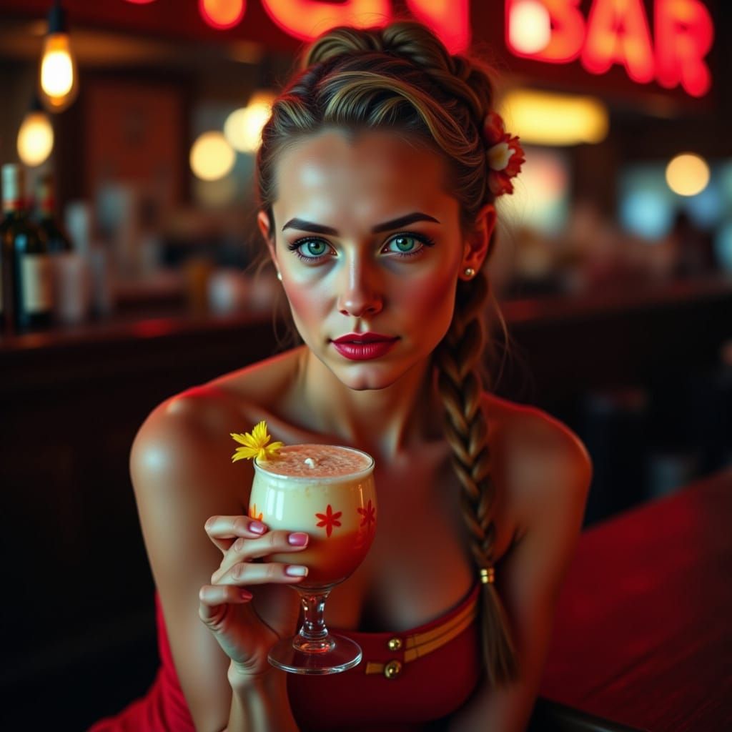 Woman in Red Dress Enjoys Pina Colada at Atmospheric Bar