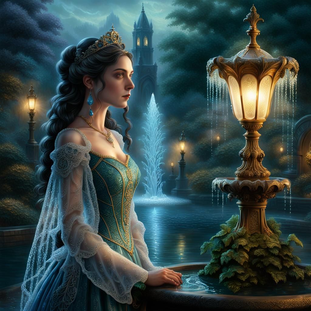 Ethereal Gothic Princess by Fountain in Mist