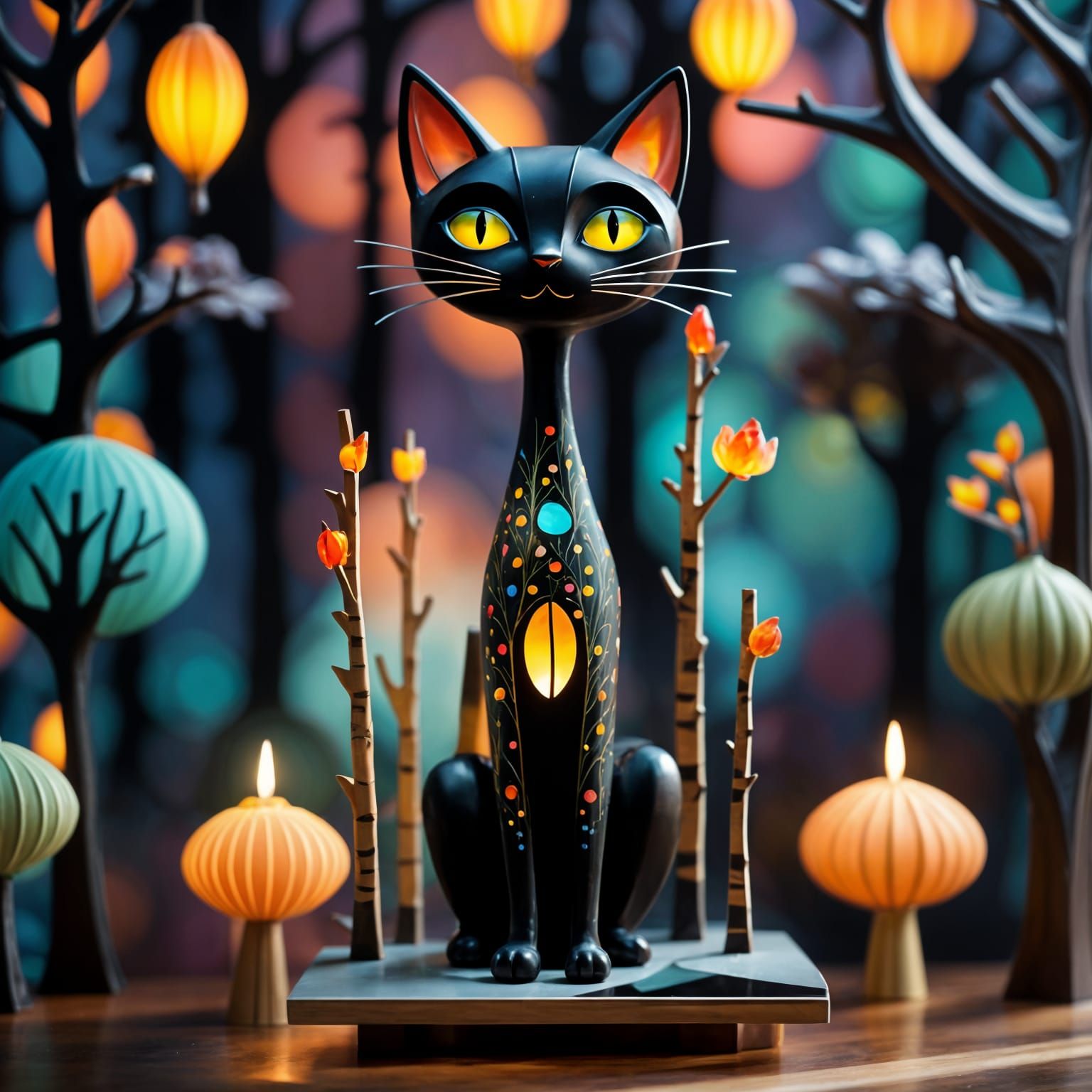 Whimsical Enameled Glass Cat Figurine in Curio Store