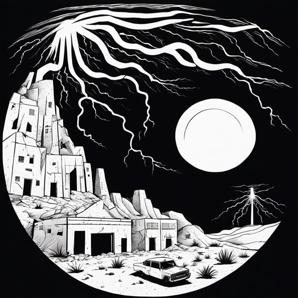 Derelict Desert City Under Lightning Storm