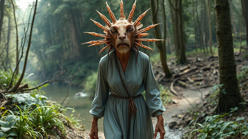 Humanoid Chimera Woman in Forest