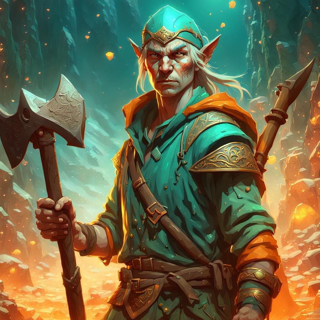 Elven Miner Concept Art in Orange and Teal