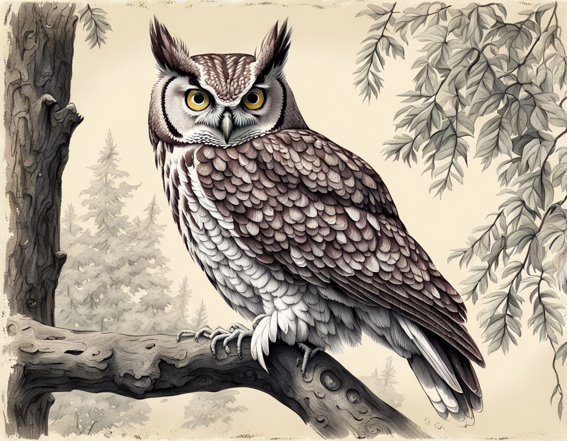 Eastern Screech Owl Vintage Pencil Drawing