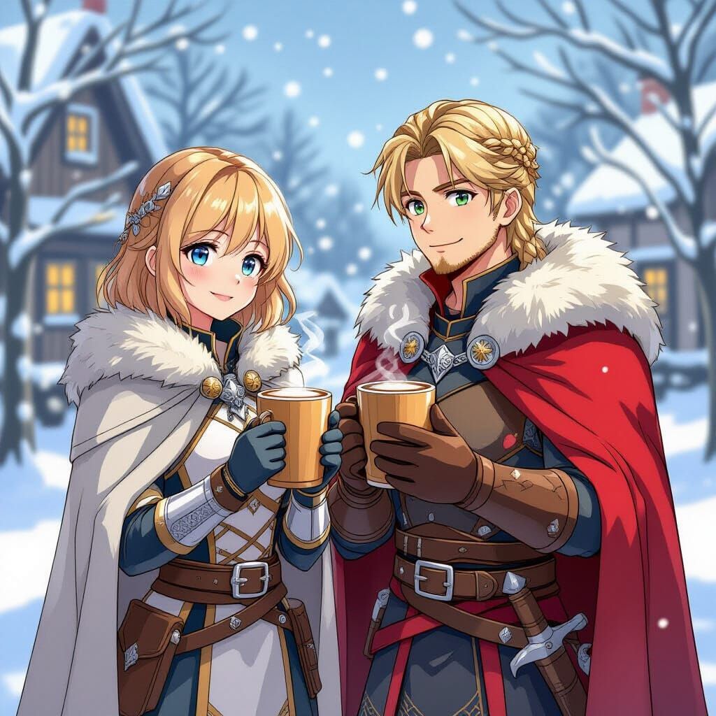 Viking Couple With Hot Drinks in Snowy Anime Style