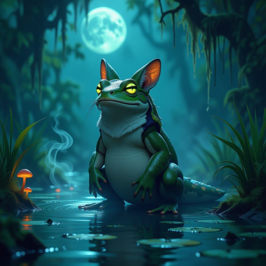 Mystical Frog Coyote Hybrid in Moonlit Swamp
