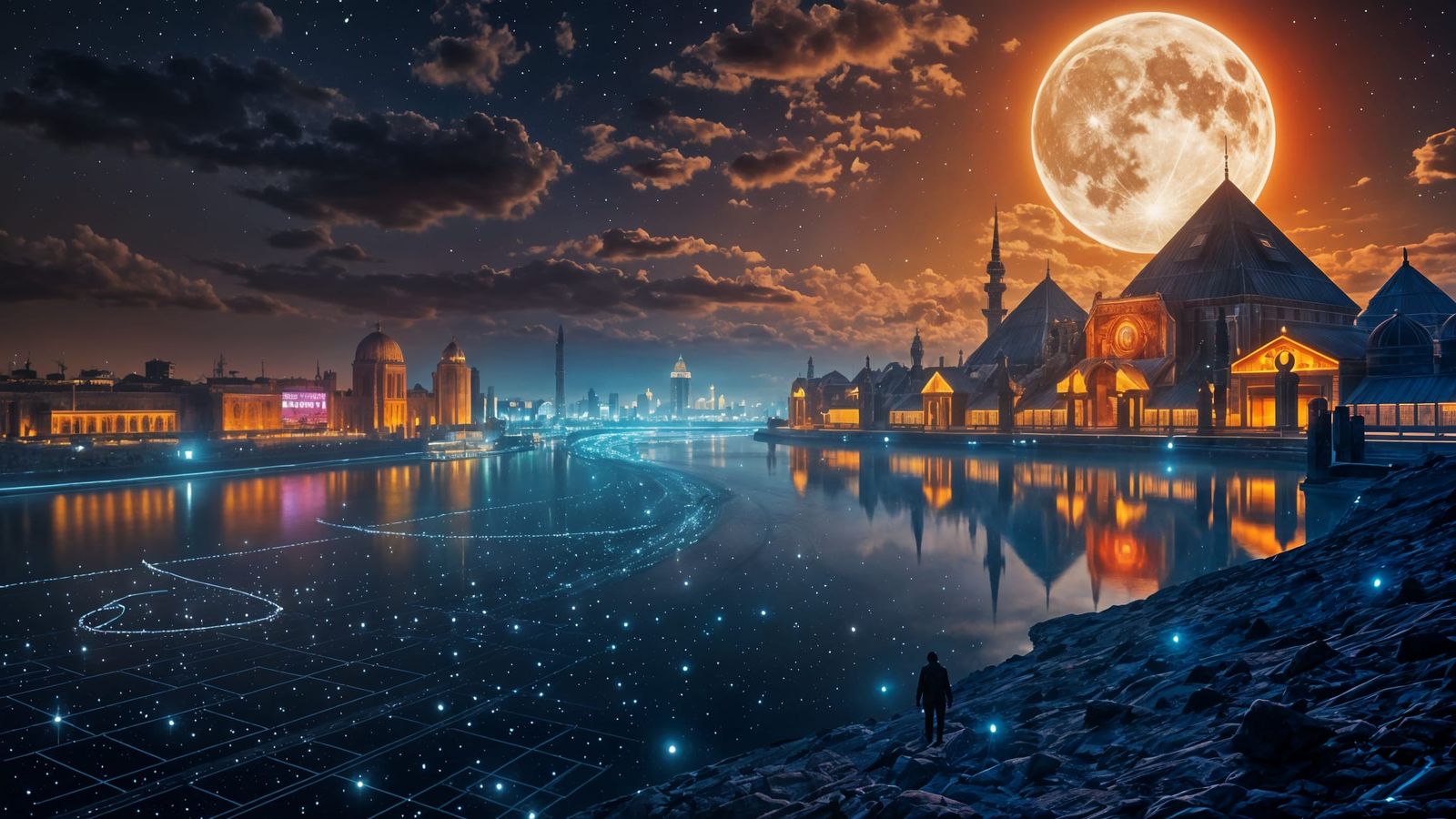 Egyptian Cosmic Lake Scene in Triadic Colors