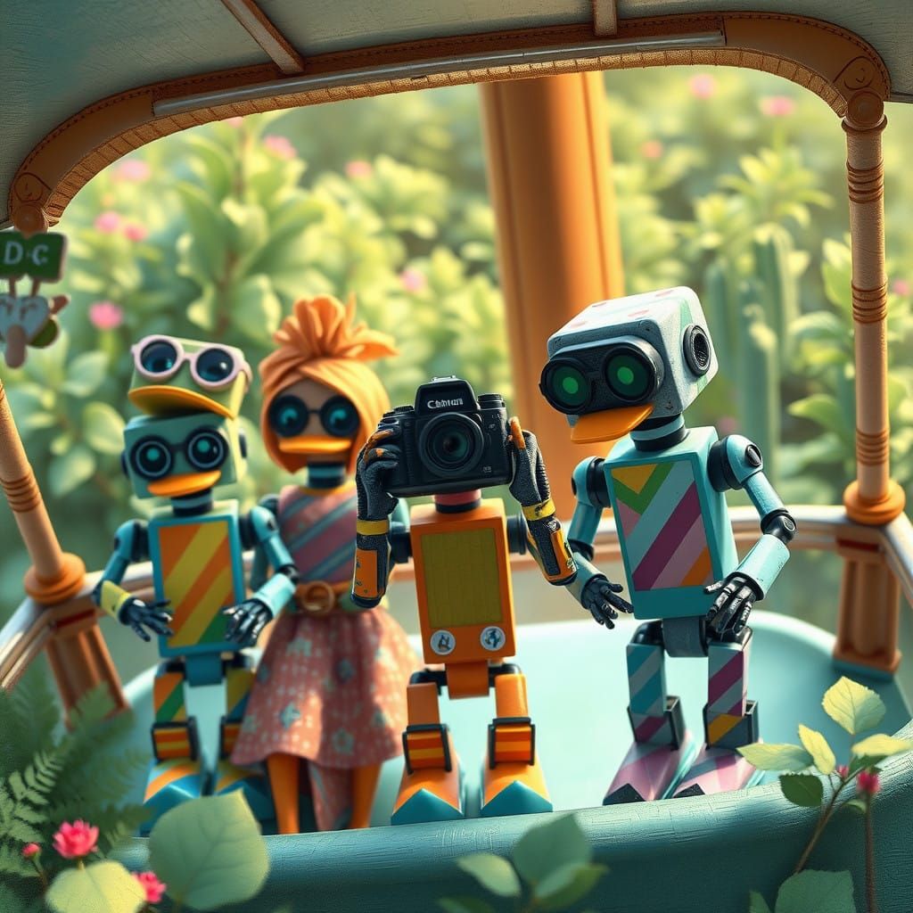 Whimsical Tape Robot Family on Lively Carnival Fun Ship