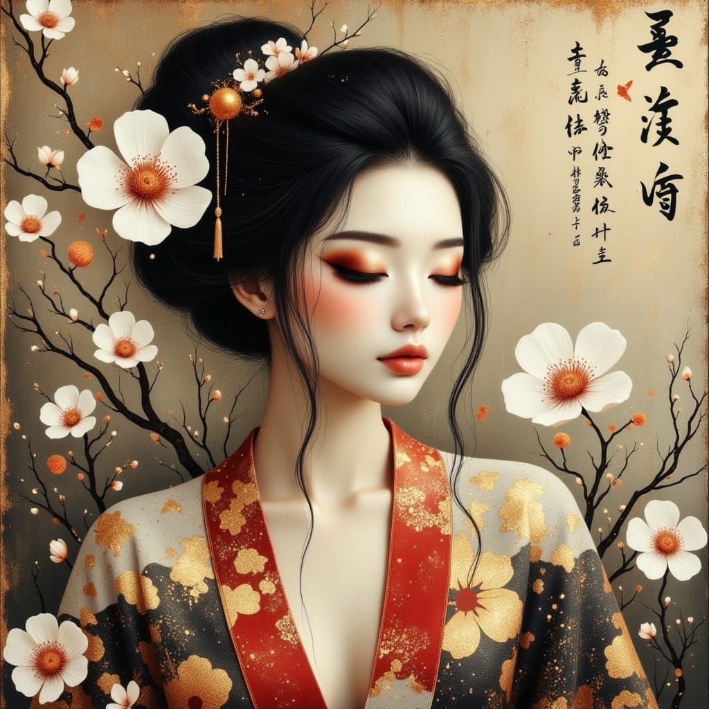 “A stunning, hyper-realistic portrait of an East Asian woman in traditional attire, inspired...