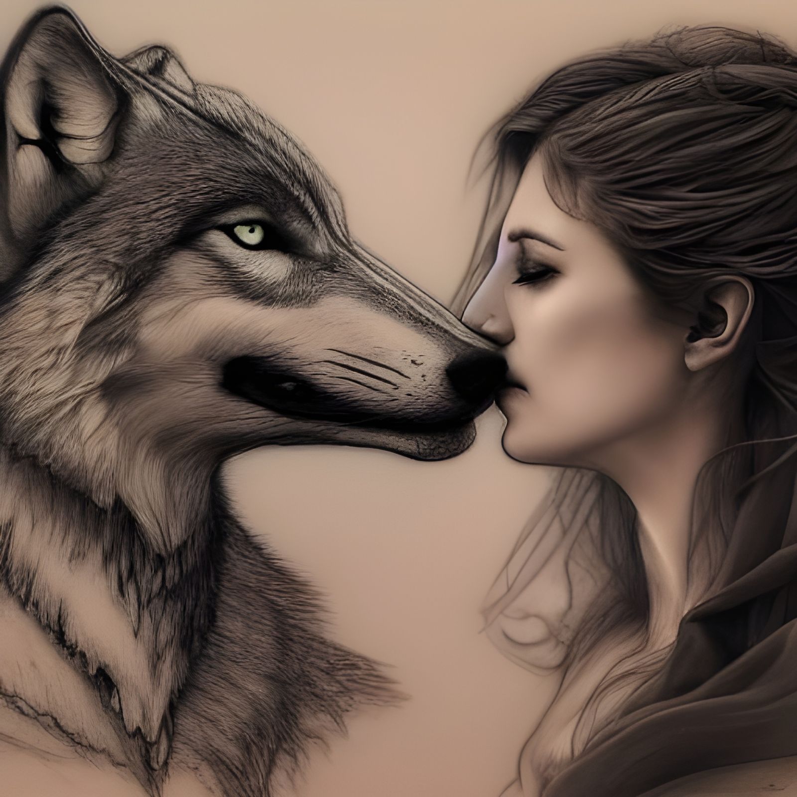 Woman and Wolf Intricate Portrait in Charcoal and Pastel