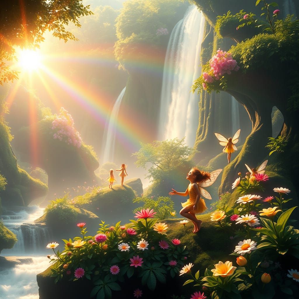 Flower Fairies in Luminous Forest with Rainbow Waterfalls