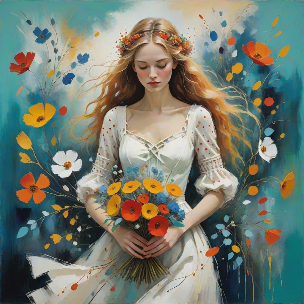 Girl in Whimsical Floral Attire Amidst Abstract Hues