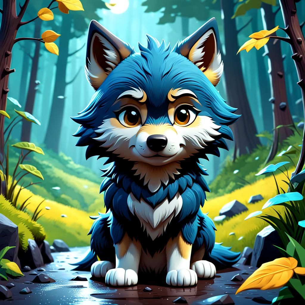 Sad Lonely Wolf in Cute 3D Vector Style