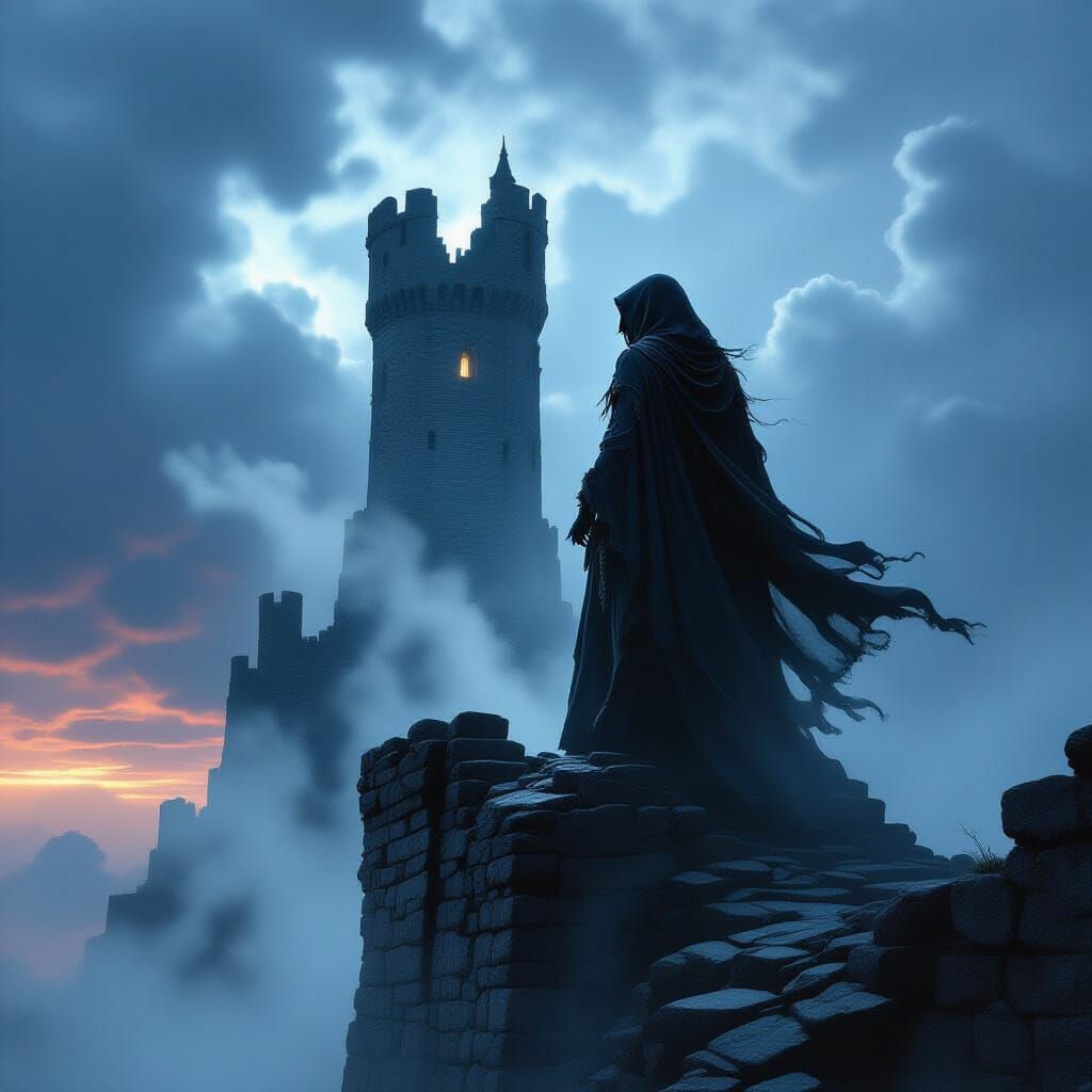Sorceress on Tower in Stormy Twilight