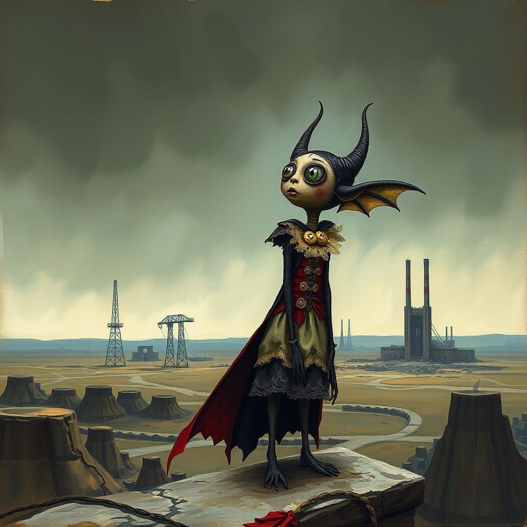 Rag Vampire Contemplates a Futuristic Landscape in Folkloric...