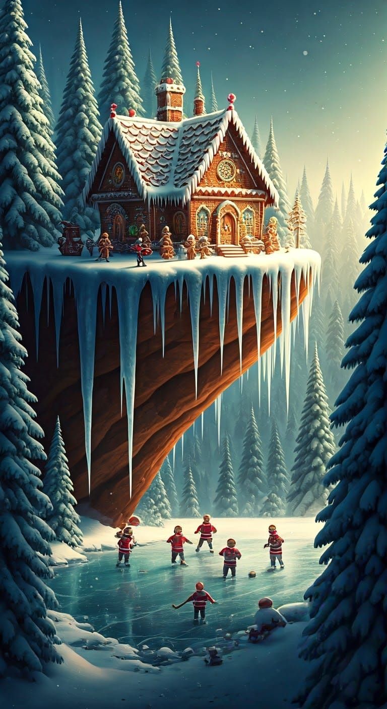 Gingerbread House on Frozen Cliffside, Whimsical Scene