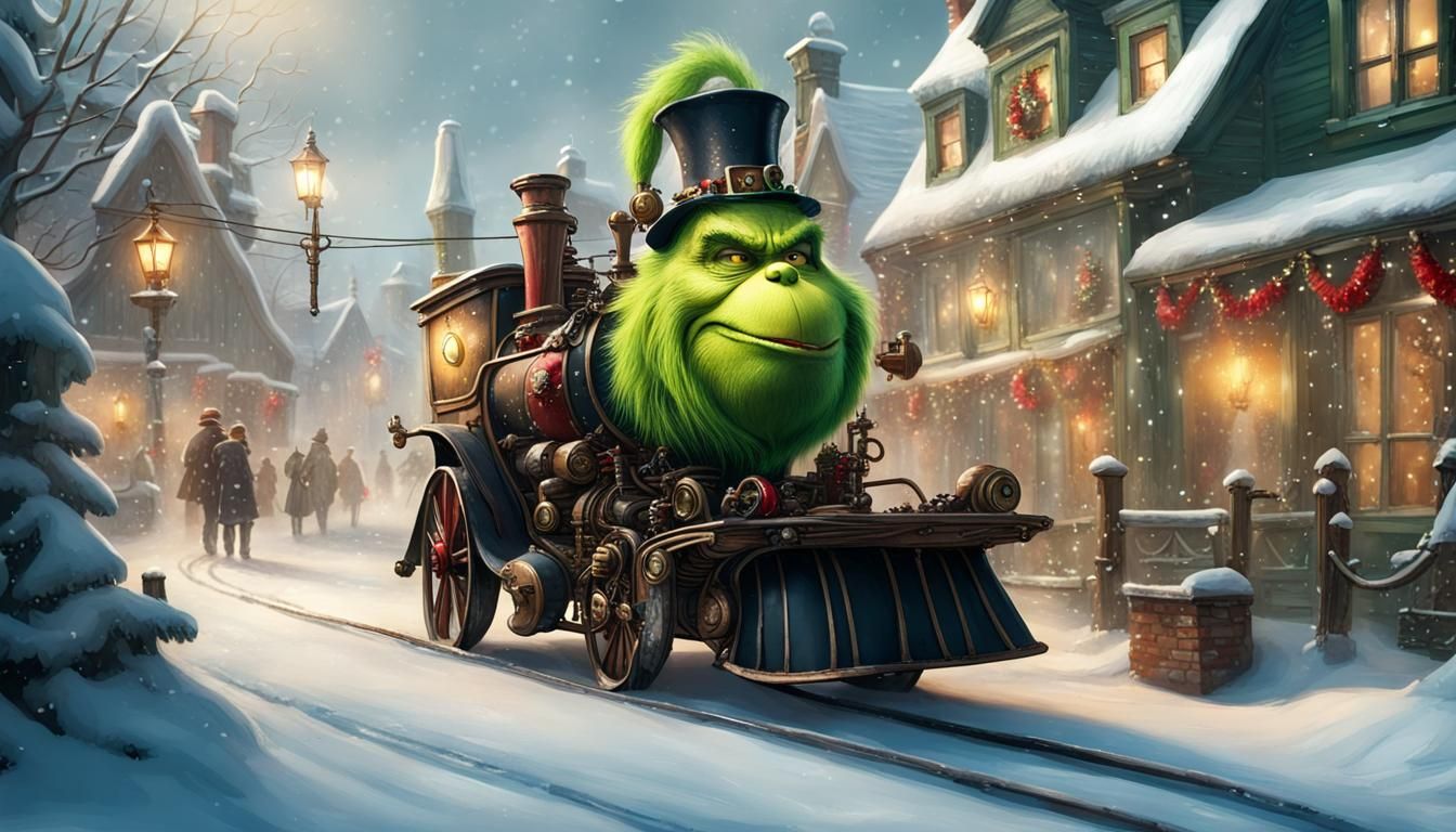 Steampunk Grinch in Winter Village Scene