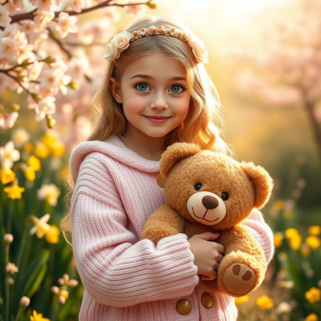 Whimsical Teen Girl Holds Golden Teddy in Cherry Blossom Won...