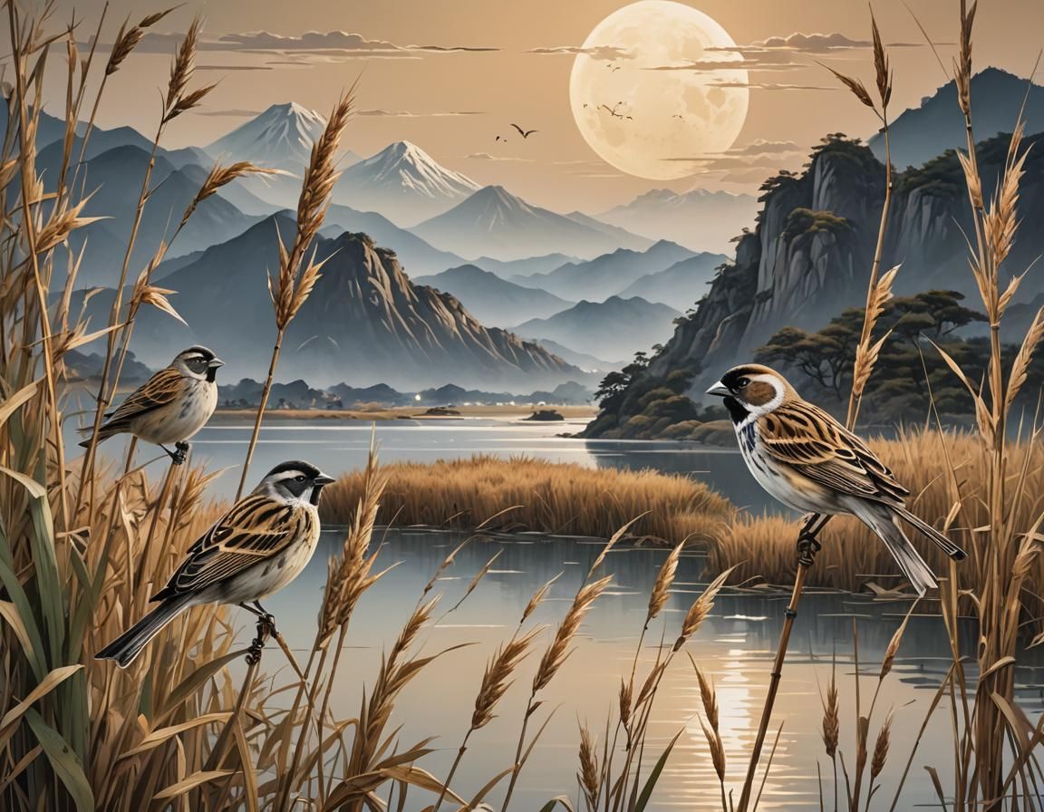 Reed Buntings by Lake Under Moon in Japanese Style