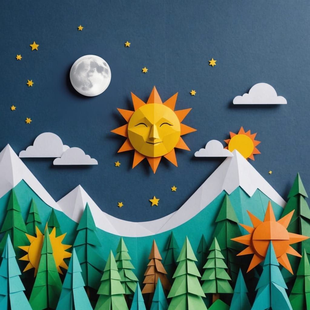 Papercraft Moon and Sun Above Forest in Origami Style