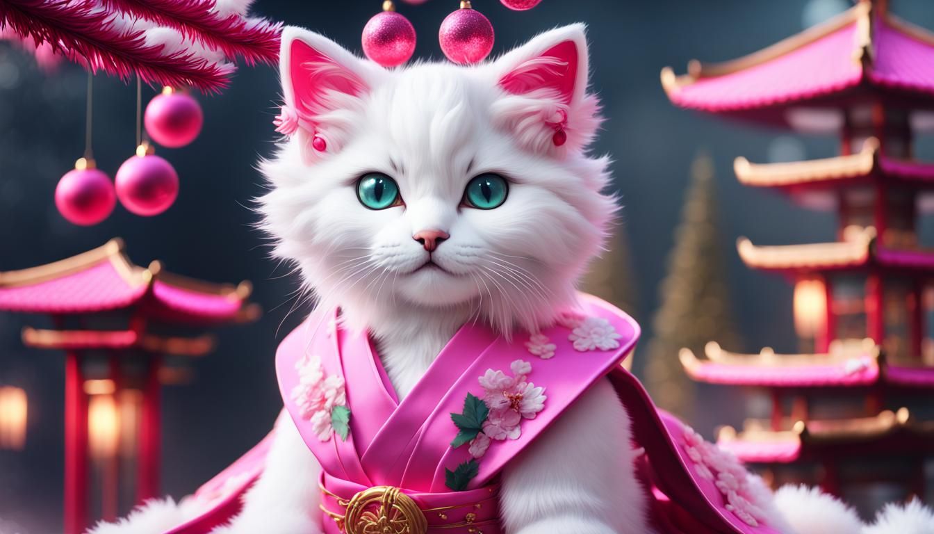 white flufffy kittens in pink geisha costume at christmas tree wig