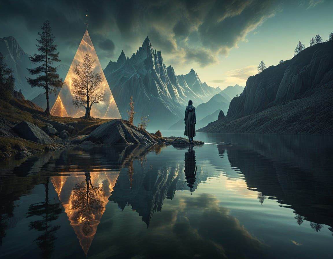 Surreal Alpine Lake With Geometric Sky Reflection