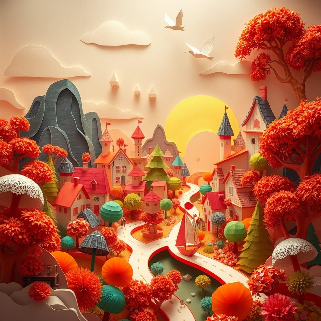 Whimsical Paper Metropolis in a Dreamlike Style