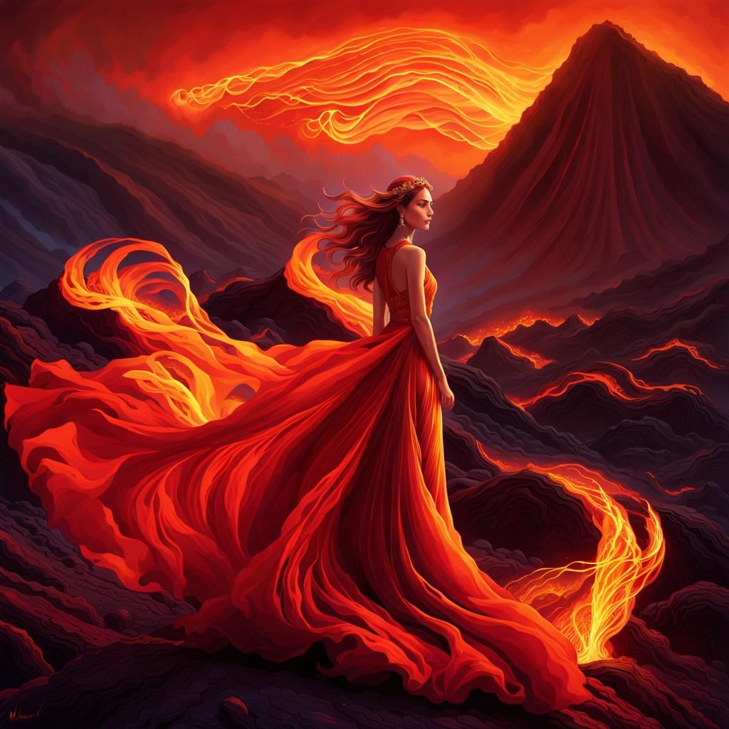 Volcanic Woman: Surreal Hundertwasser-Inspired Landscape