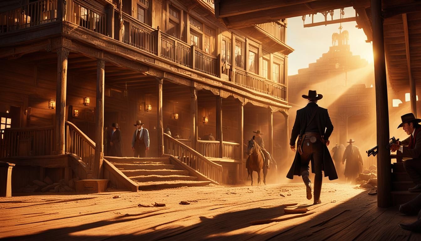 Western Saloon Gunfight in Golden Hour Lighting
