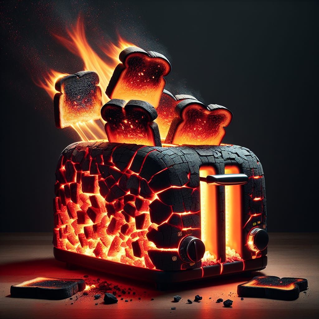 Toaster Transformed into Fiery Spectacle in Surreal Kitchen