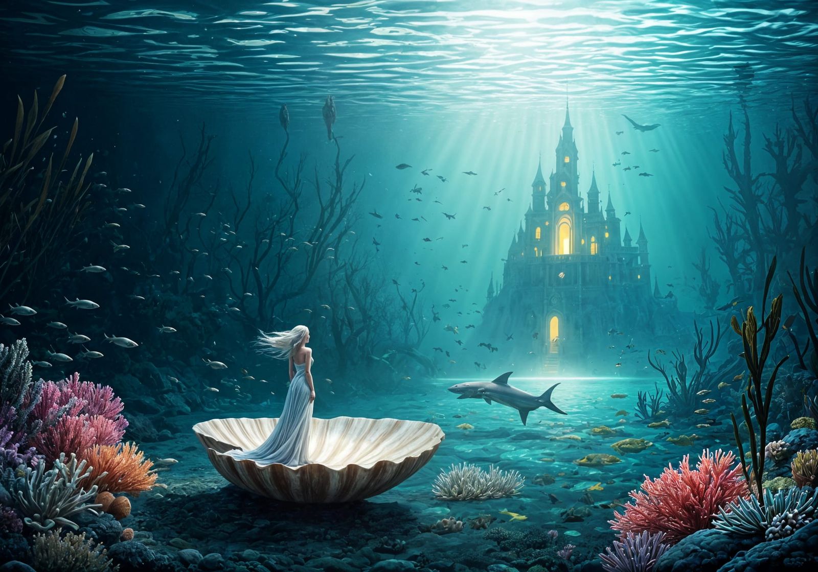Ethereal Woman Overlooks Surreal Underwater World
