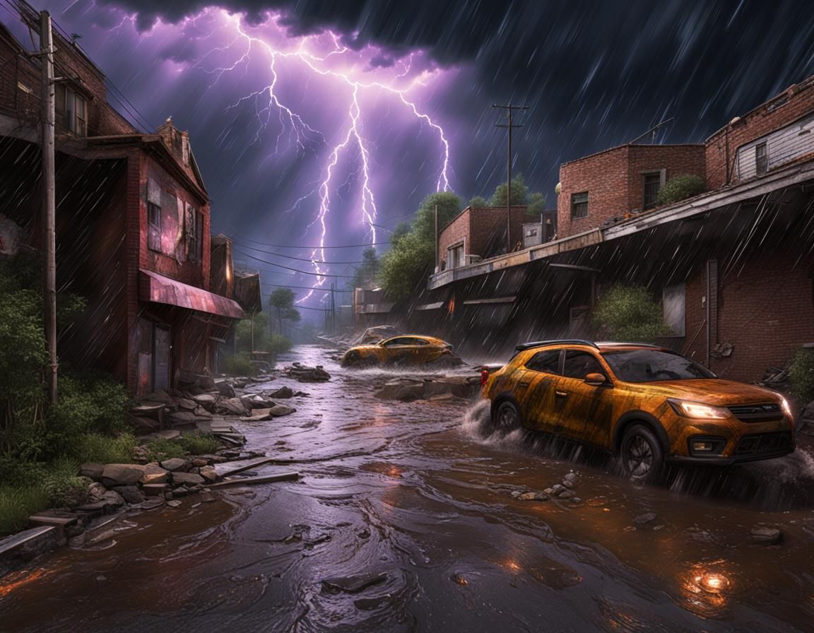 Tornado and Flash Flood in Expressionist Style