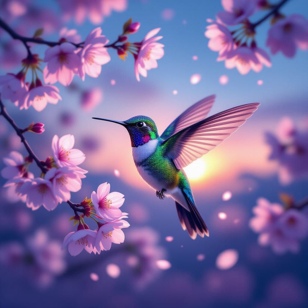 Magical Hummingbird Amidst Glowing Blossoms at Twilight