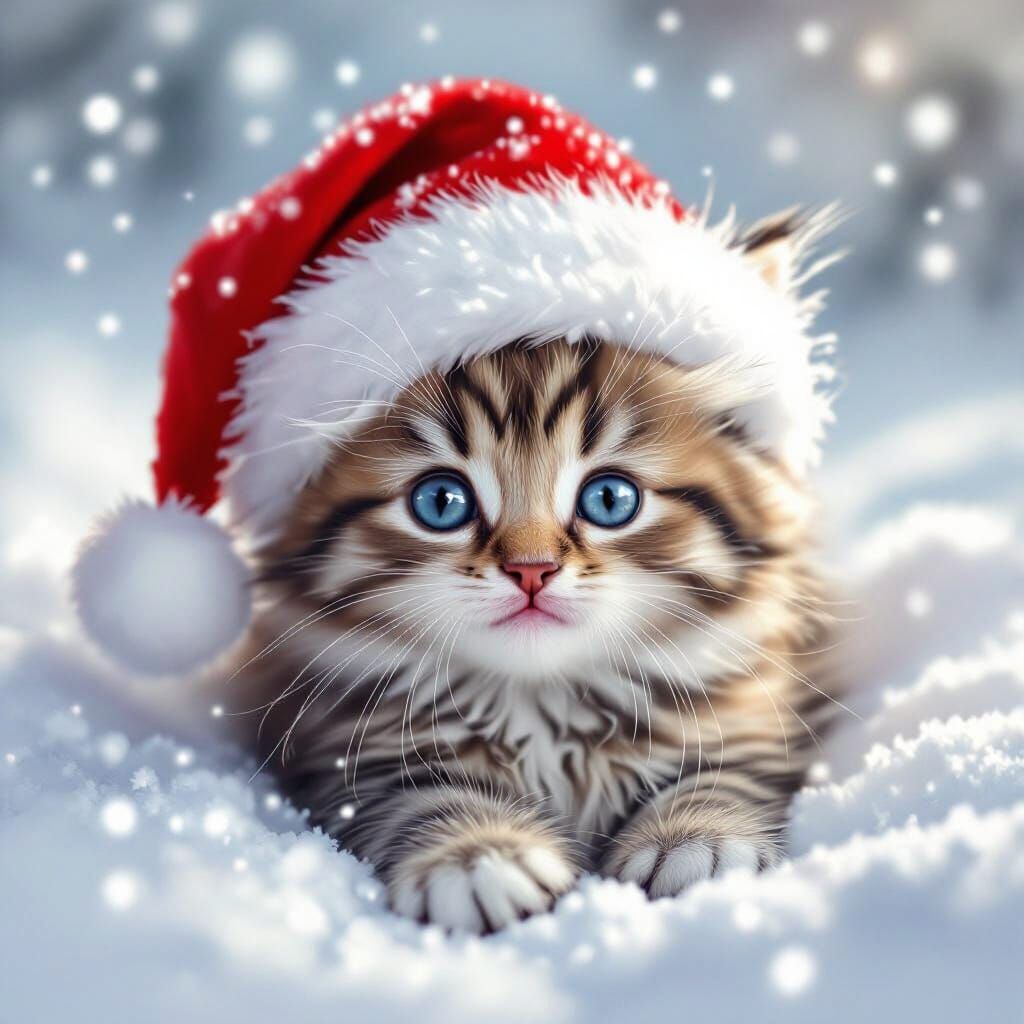 Fluffy Kitten in Snow Wearing Santa Hat